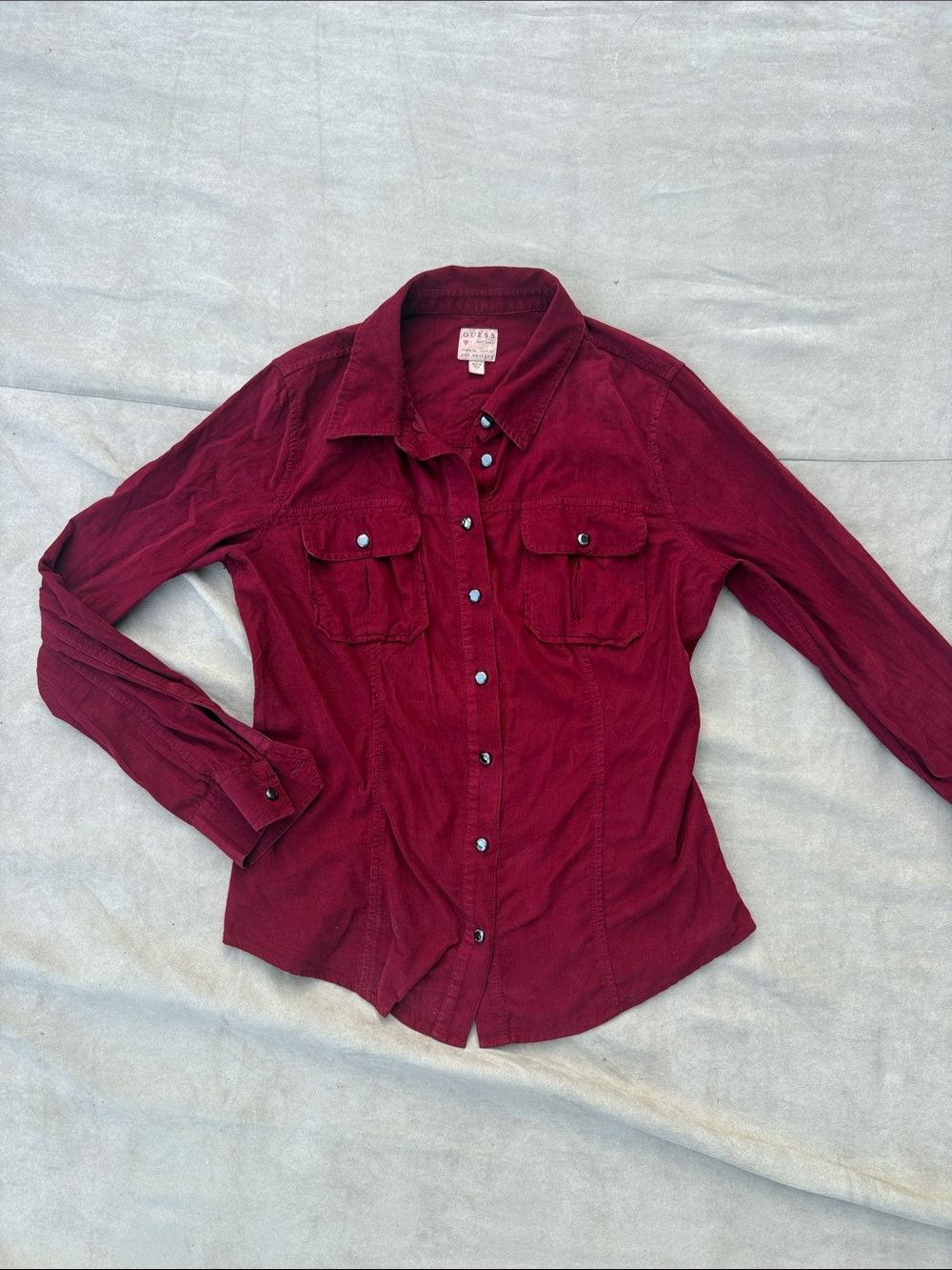 ❓GUESS Red Corduroy 100% cotton Metallic Button-Up Long Sleeve Jacket Shirt - S